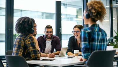 Customer service professionals collaborating in a modern office setting